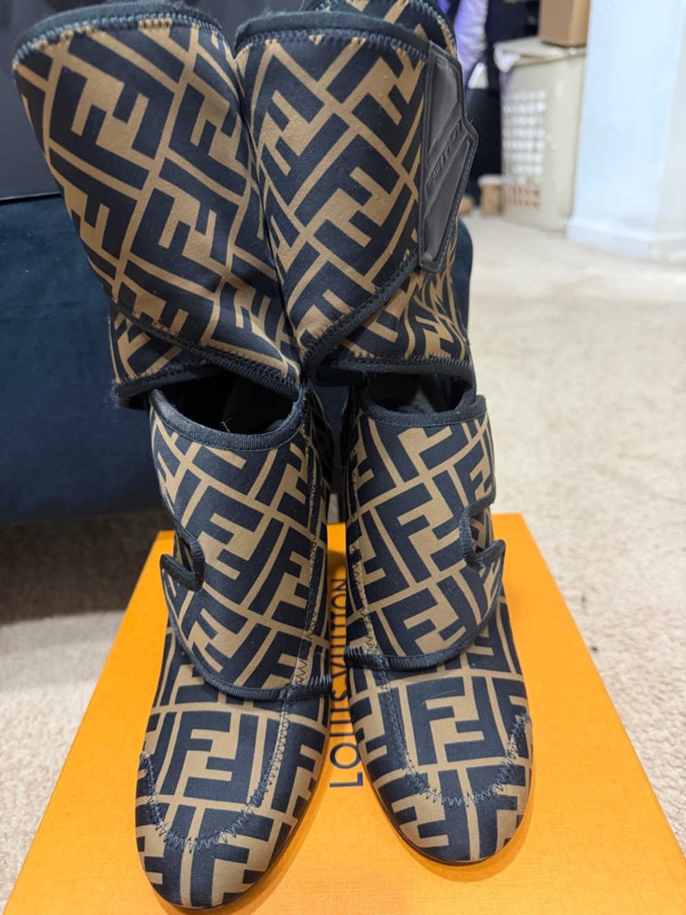Fendi Black and Brown Patterned Heeled Boots